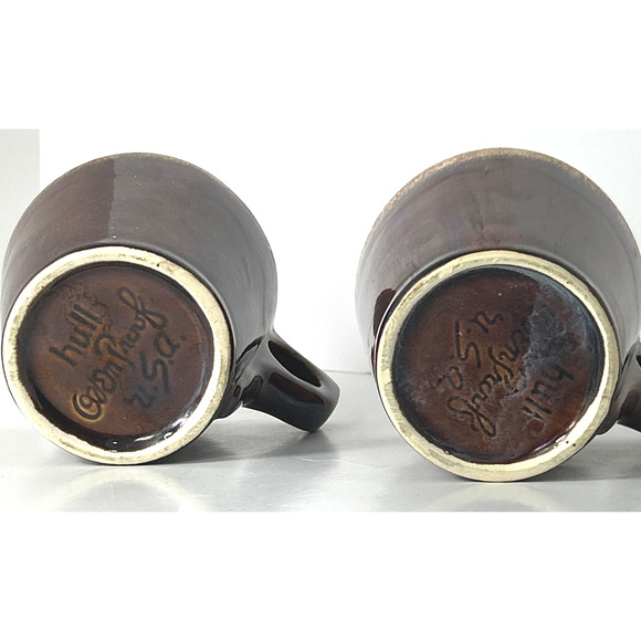 2 Vintage Hull Pottery Oven Proof Brown Drip Coffee Cocoa Tea Cups Mugs - Picture 8 of 10